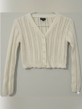 art class girls Cream Open-Knit V-Neck Button Crop Cardigan